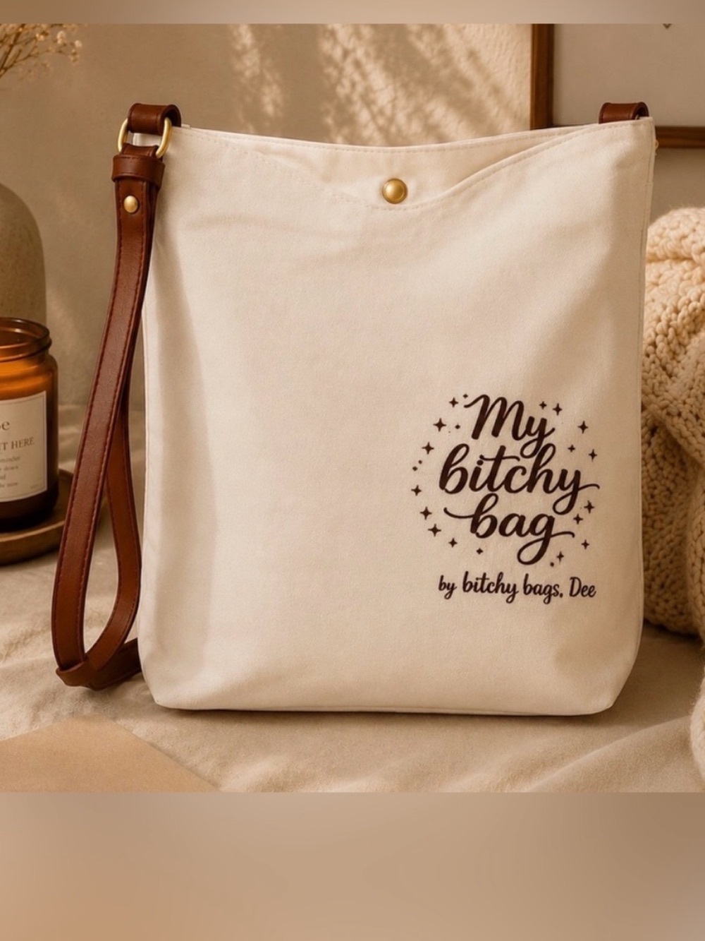 My Bitchy Bag Cream Canvas Crossbody Bag with Brown Strap